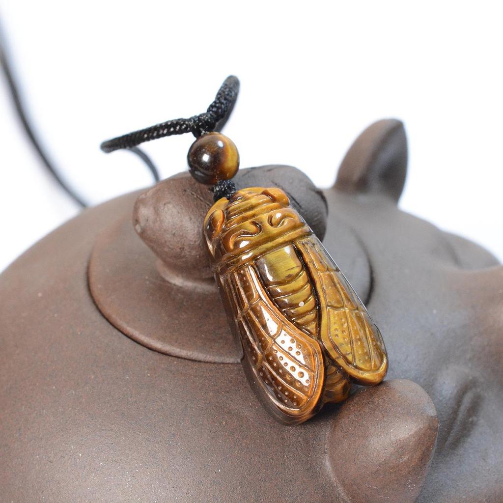 Natürlicher Tigerauge Stein Gold Jade Zikade Anhänger Halskette