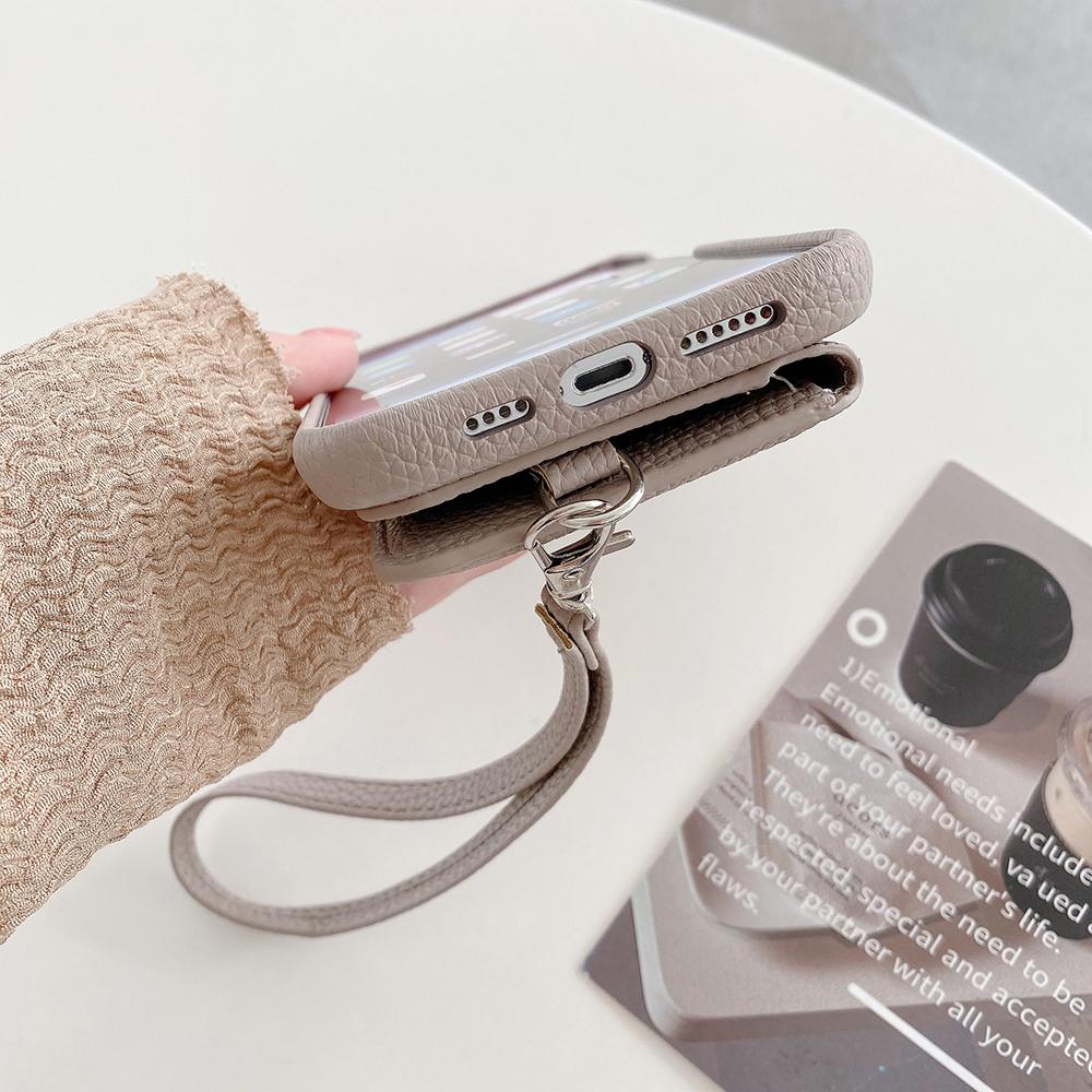 For iPhone 16 Pro Case Card Slots Kickstand PU Leather+PET Phone Cover with Wrist Strap