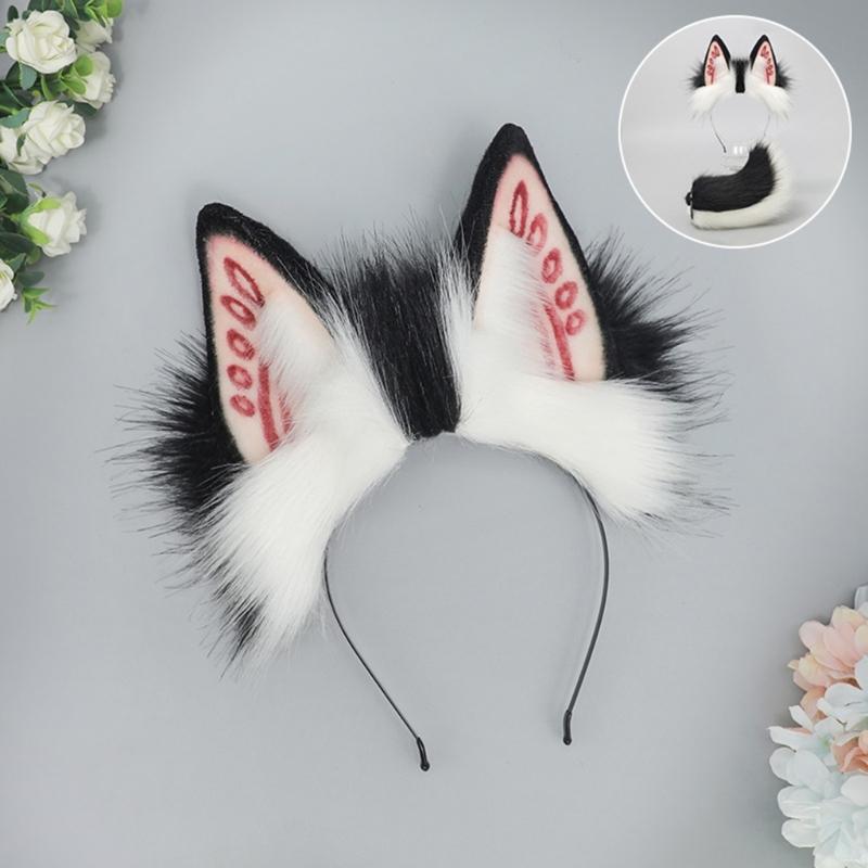 Faux Furs Bunnies Ears Headband Tail Animal Bunnies Costumes for Christmas Halloween Cosplay Party Costume Accessories