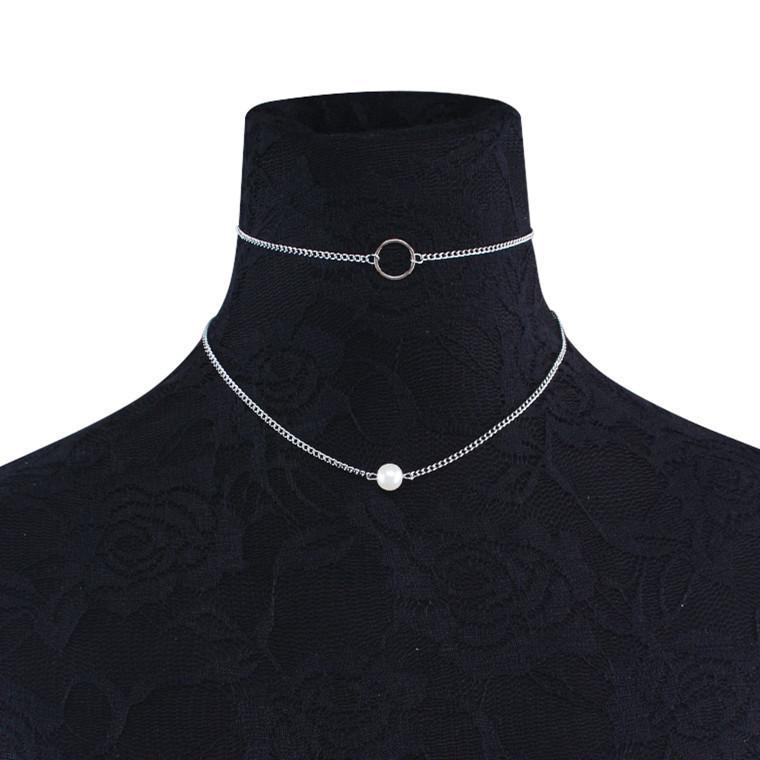 Simple geometric stacked metal iron chain, sweet cool wind collarbone chain, niche design imitation pearl necklace