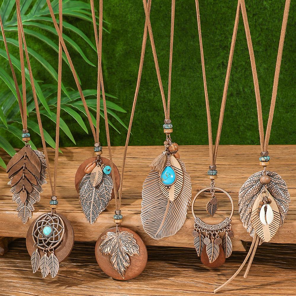 Set di 7 collane lunghe Boho con ciondoli marroni, catena per maglione, design con conchiglia turchese, gioielli tribali, decorazioni per feste, sollevatori