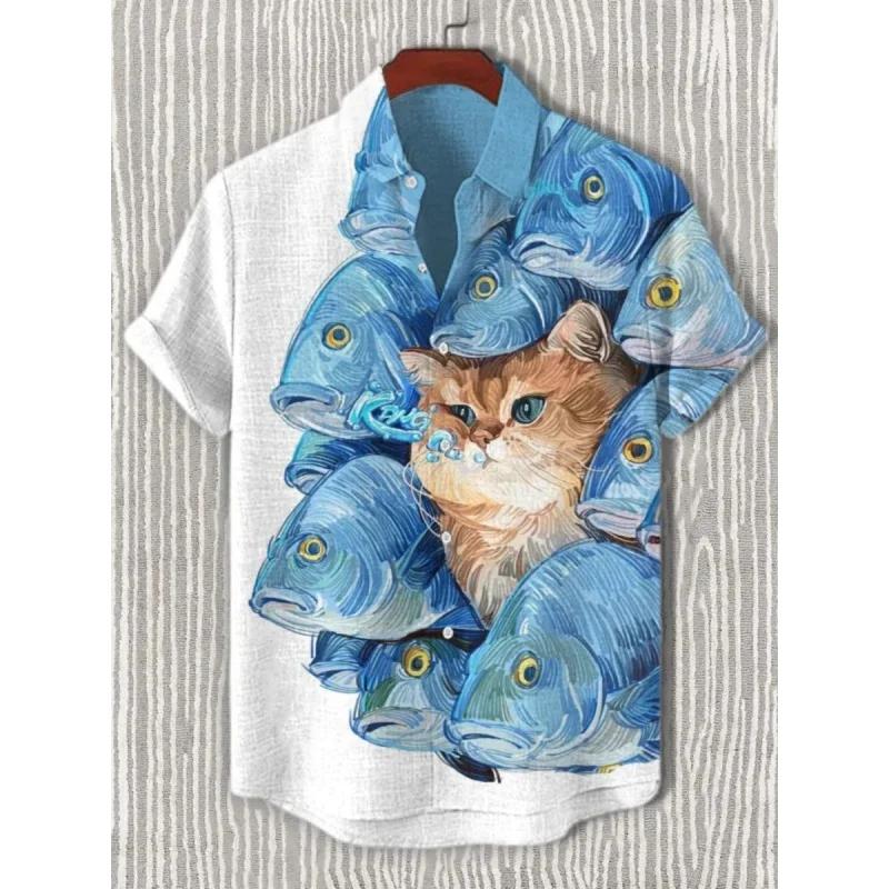 3D Printed Fun Cat Fish Hawaiian Shirt for Men Cute Animals Pattern Aloha Shirts Summer Short Sleeve Tops Street
