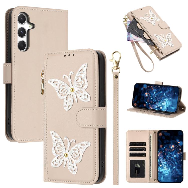 Glitzer Schmetterling Reißverschluss Veganes Leder Handyhülle Für Galaxy A07 4G / A06 5G / A06 4G, Kartenhalter Handgelenkschlaufe Stoßfeste Hülle