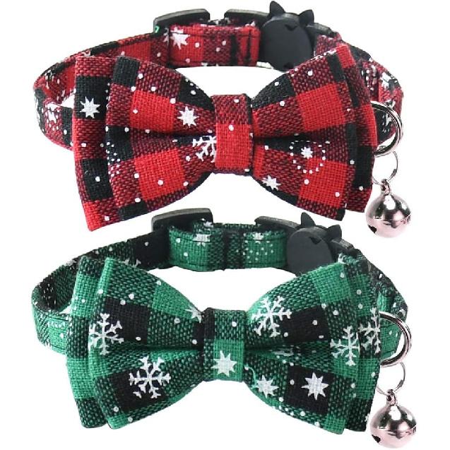 Malier Cat Collar with Christmas Snowflake Pattern Bow tie and Tiny Bell, Adorable Collar with Light Adjustable Buckle Pet Accessories for Kitten