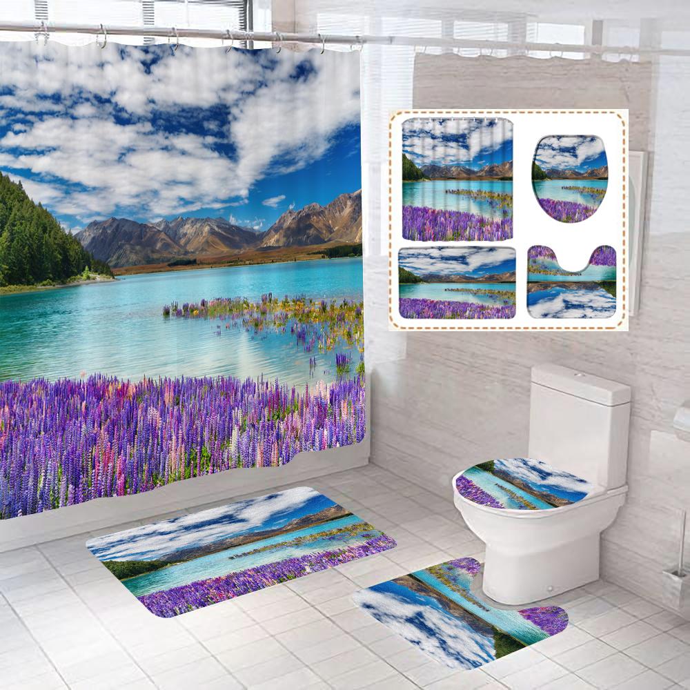 

Waterfall Landscape Print Shower Curtain Forest Scenery Waterproof Bathroom Curtains Home Decoration Non-Slip Rugs Bath Mat Set W60H190(CM)-1 Pcs