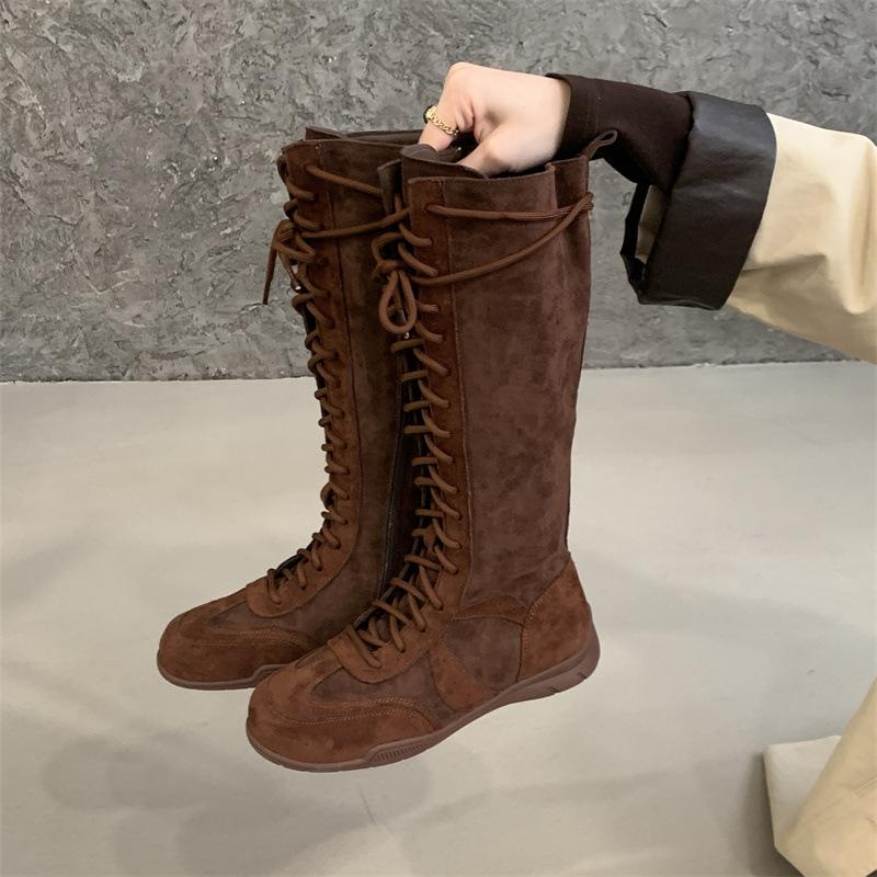 

Mi Ting повседневные длинные ботинки на шнуровке спереди, круглый носок, универсальные, с внутренней платформой, ботинки Мартин, боковая молния, крутые, красивые, боксерские ботинки 40 темно-коричневого