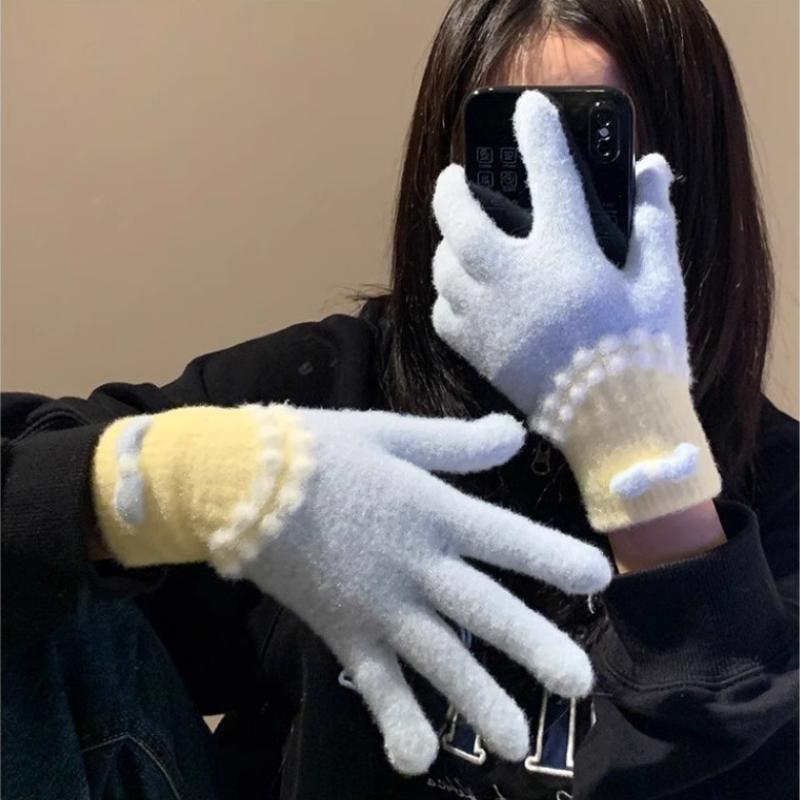 2025 Cute Bow Knitted Plush Gloves Autumn And Winter Warm Five-finger Cute Student Winter Gloves