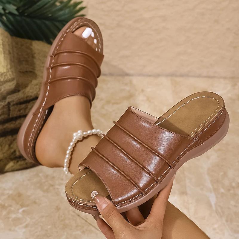 

Fashion White Pu Leather Platform Sandals Women Lightweight Plus Size 36-43 Beach Sandles Woman 2025 Summer Wedges Slippers Female 43 темно-коричневого