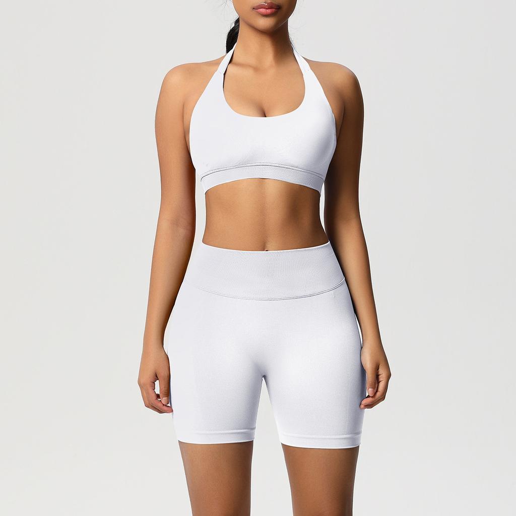 Seamless back neck sports bra shorts yoga suit tight running fitness two-piece set