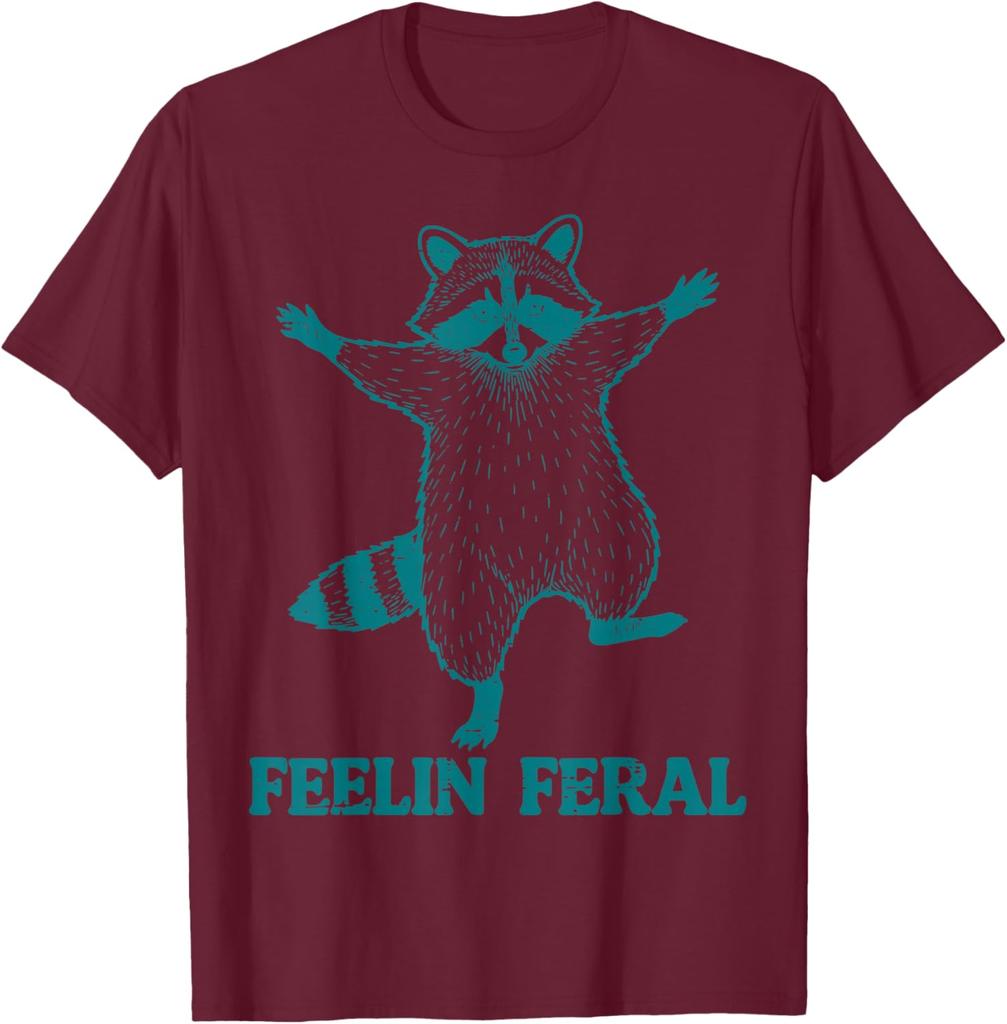 Raccoon Feelin Feral Funny Graphic Tee Casual Short Sleeve Cotton TShirt for Men Women