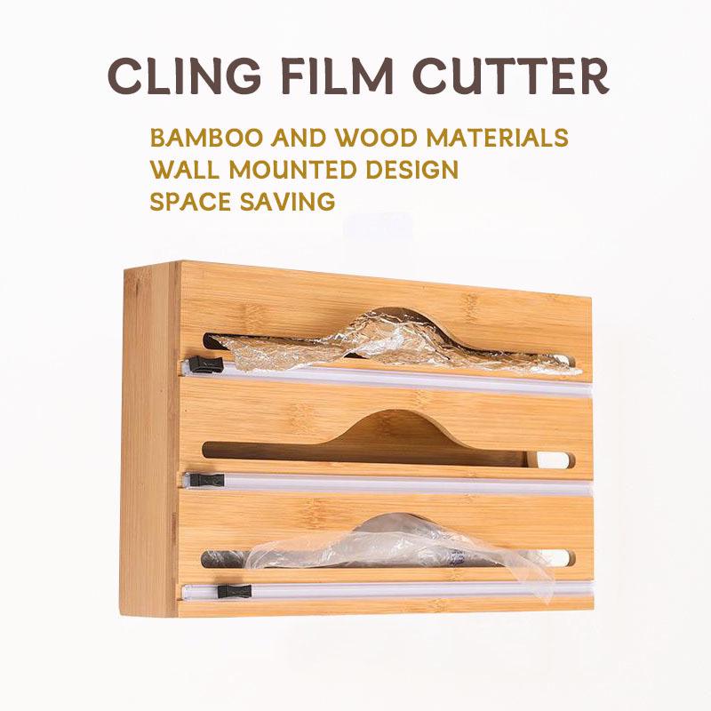 Wall-Mounted Bamboo Foil & Cling Film Cutter with Storage Compartments and Slide Knife