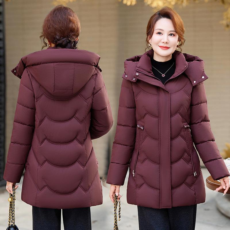 Middle-aged and elderly large-size cotton-padded clothes, women's medium and long hats, removable winter mother's clothing temperament, thickened cott