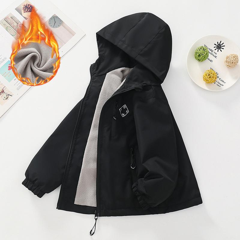 Herbst Winter Teenager Jungen Jacke Dickes Fleece Winddicht Warm Mit Kapuze Sportmantel für 4-14 Jahre Kinderkleidung Kinder Oberbekleidung Top 130cm schwarz