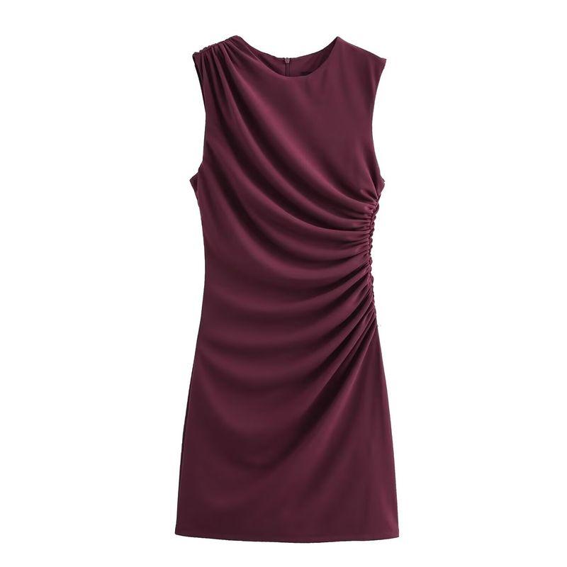 

Zab Autumn New Women clothes Western Style French style Design Pleat Decoration Short Dress 3067260 Burgundy L