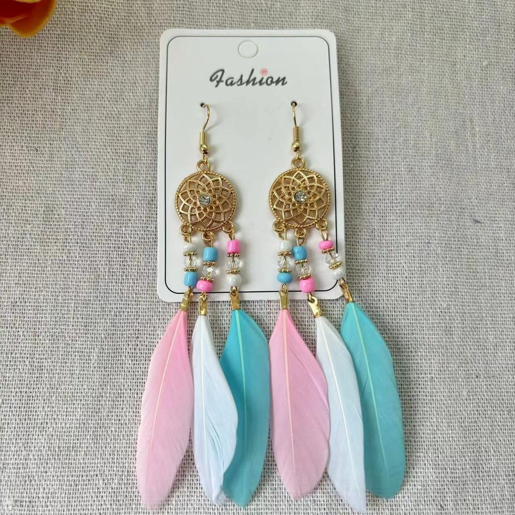 Vintage Bohemian Feather Tassel Earrings Exaggerated Ethnic Vacation Dangle Ear Jewelry Fashion Accessories For Women