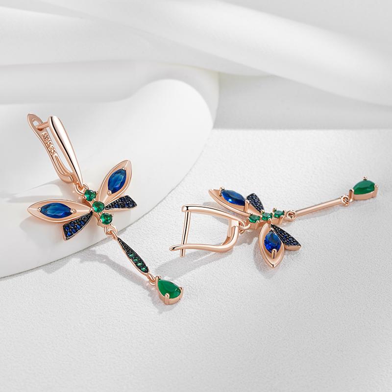 Blaue Natürliche Zirkon Libellen Hängeohrringe für Frauen Roségold und Schwarzgold Farbe Vintage Täglicher Feinschmuck