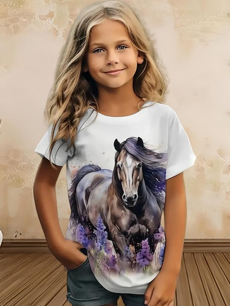 Children's Clothing Girl Clothes Short Sleeve Boys T-Shirt Casual Vintage Horse Print Kids Summer Clothes Girl Tops O-Neck Tee