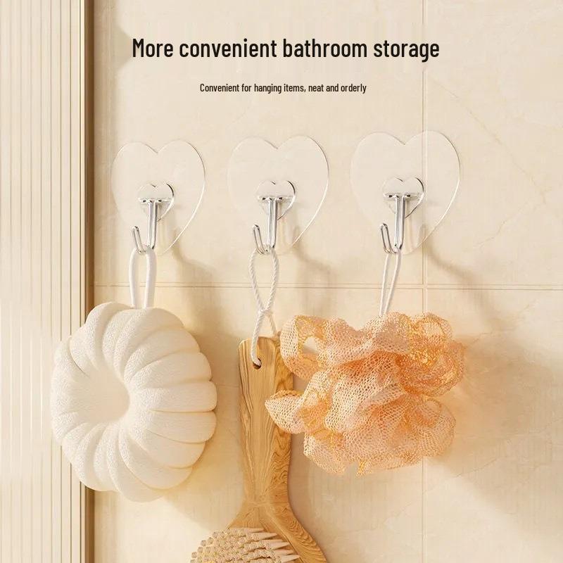Transparent Heart-Shaped No-Drill Adhesive Hook for Kitchen and Bathroom