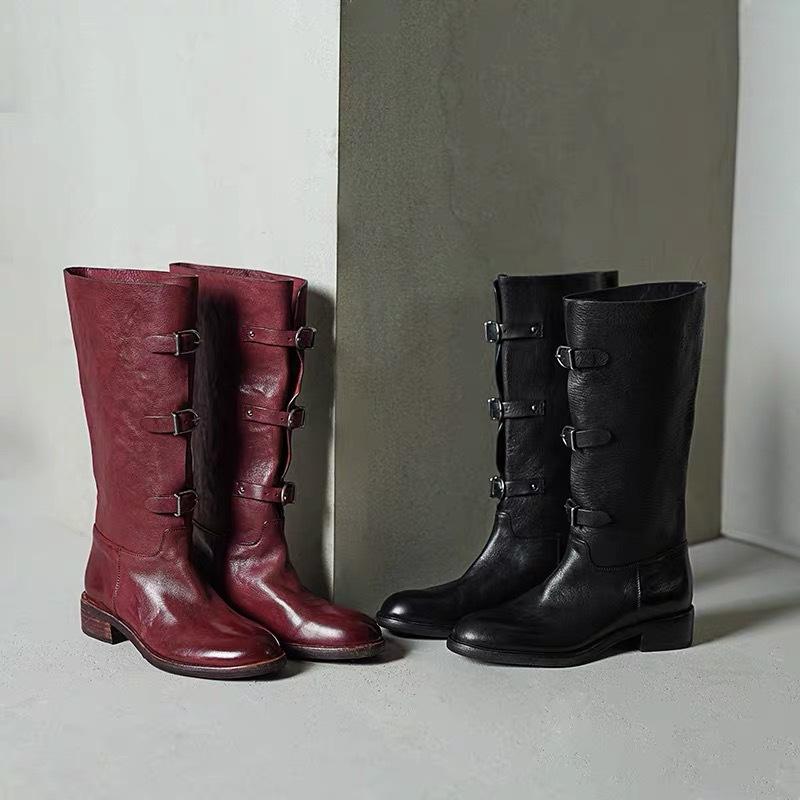Washed horse skin British style retro thick heel boots women's ankela red merard knight boots tall locomotive boots