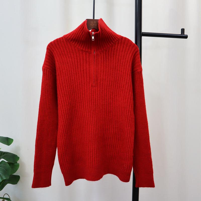 

Осень и зима новый трикотажный свитер с полумолнией, топ с чувством дизайна, свободный свитер-пуловер, женская одежда для носки внутри и снаружи one size fits all красный