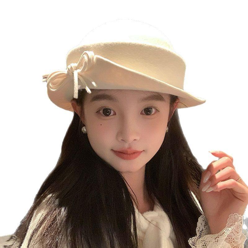 Pärlrosett Ullhatt Dam Ny Höst och Vinter Fiskarhatt Hög Vikt Australisk Ull Uppfällbar brätte Hatt