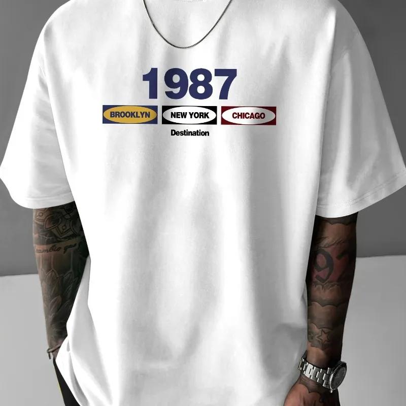 Summer Round-neck Casual T-shirt, 1987 New York Print 100% Pure Cotton Retro T-shirt, Hip-hop Streetwear