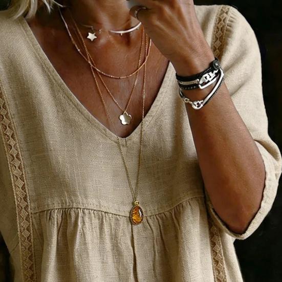 Women Tops V Neck 3/4 Sleeves Pure Color Lace Splicing Design Tee Shirt Loose Fit Versatile Summer Shirt Daily Wear