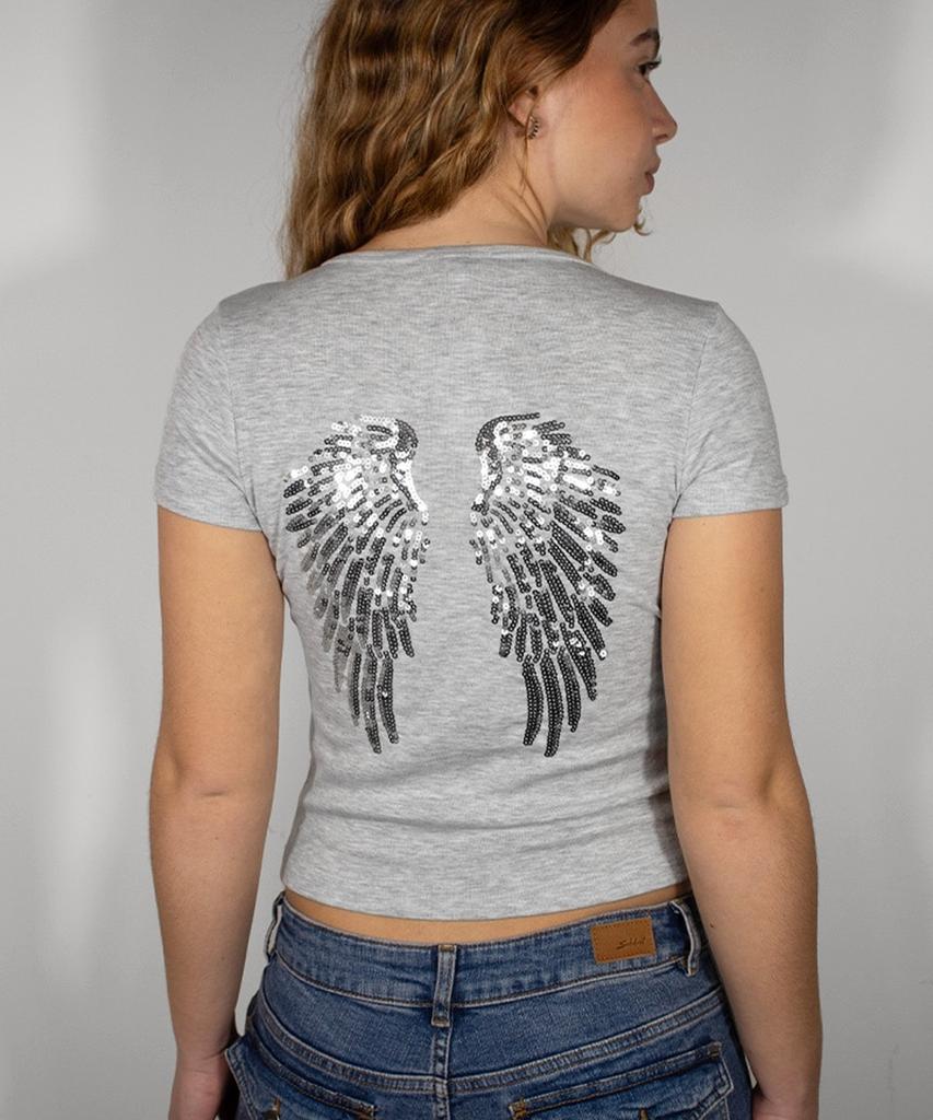 T-shirt Seobdyudeu con Ali di Paillettes (Grigio Perla Melange)