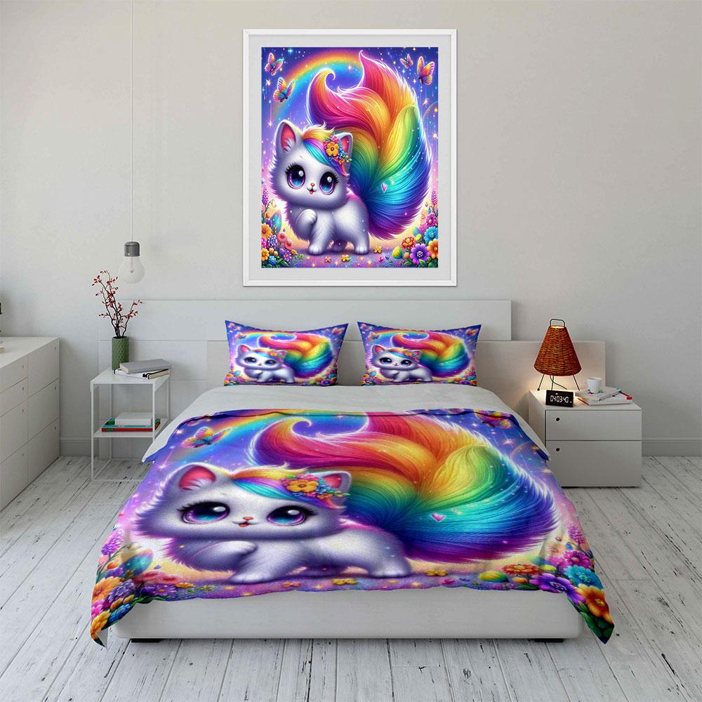 Kitten With Rainbow Tail And Butterflies Duvet Cover Set With 3D Printing Design Soft Polyester Bedding Set All-Season Comfort