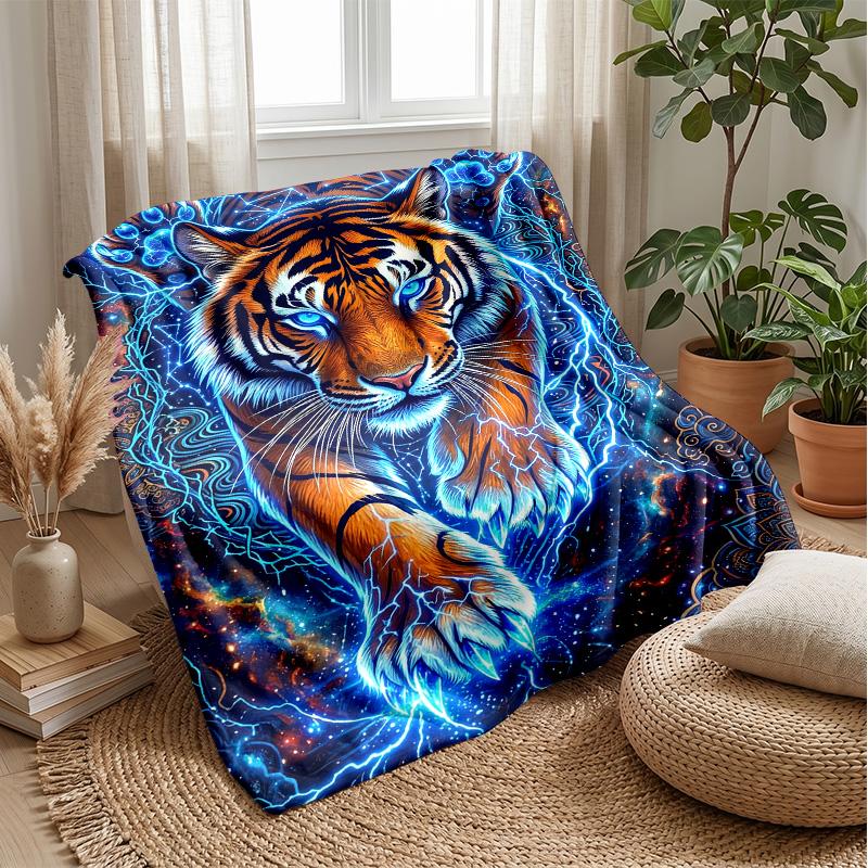 Energetic Blue Tiger Artwork Theme Blanket Lightweight Warm Flannel Blanket Decorative Throw Blanket for Home Decoration