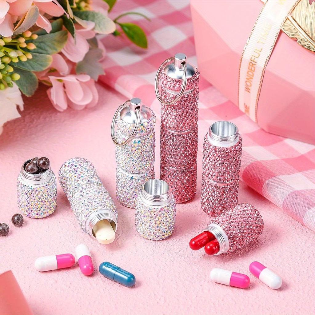 Metal Pill Organizer Portable Waterproof Travel Pill Box Rhinestone Large Bling Pill Case Pill Box Pill Holder Bottle Storage