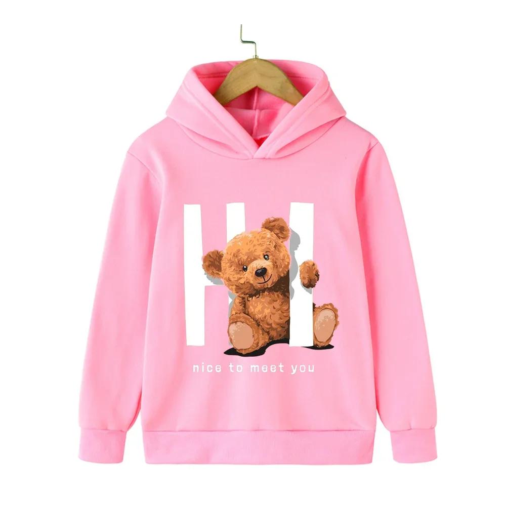 Herbst Winter Kinder Hoodies Kawaii Hi Teddybär Druck Mädchen Jungen Babykleidung Lässige Mode Kinder Sweatshirt Pullover Tops
