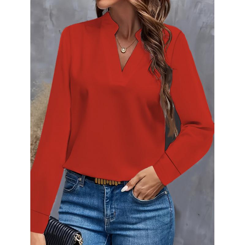 Simple Casual Solid Color V-Neck Loose Shirt Top Women