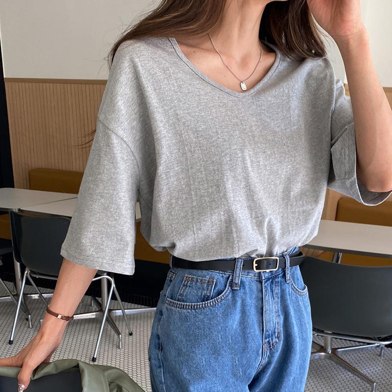 Frühling Neues Produkt Sommer Baumwolle Kurzarm T-Shirt V-Ausschnitt Seitenschlitz Einfarbig Unterhemd