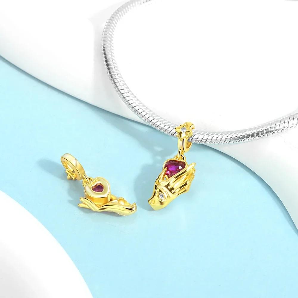925 Silver Gold Heart Charms Beads Sparkling MapleLeaf Pendant For Women Bracelet DIY Jewelry Gift