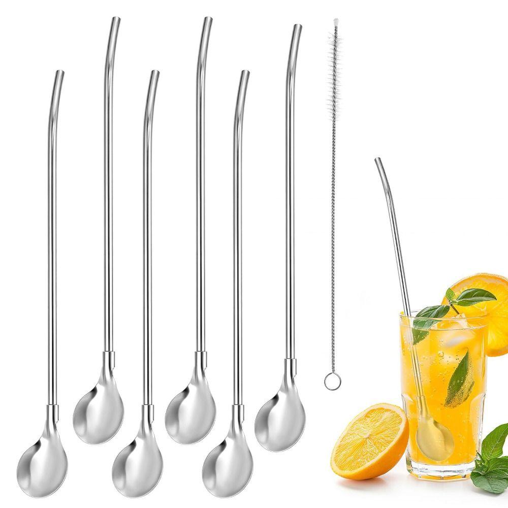 6pcs Eco-Friendly Reusable Stainless Steel Straws Rustproof BPA-FREE Spoon Straw Drinking Straw Party