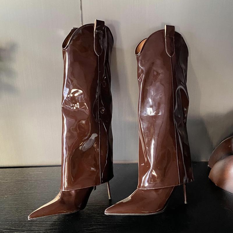 Fashion Eilyken Winter Pointed Toe Patent Leather Women Knee High Boots Sexy Thin High Heels Prom Female Shoes