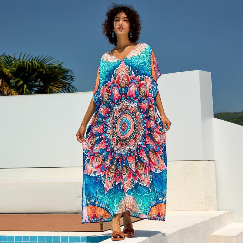 Vestidos Casuales de Moda para Mujer Verano Primavera Estampado Color Block Mangas 1/2 Cuello en V Cintura Holgada