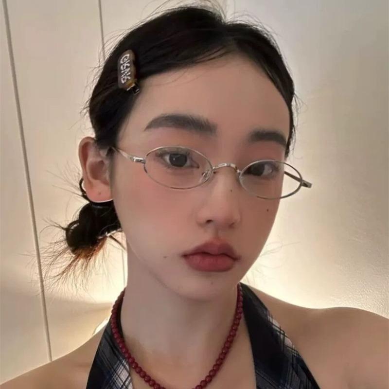 Japanese Harajuku Metal Oval Glasses Gold Silver Metal Elliptic Glasses Vision Care Anti-blue Eyeglasses Frame for Women Men