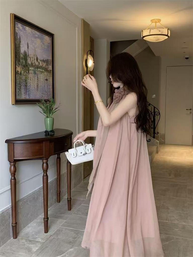 Design-Sense Floral Halter Neck Sleeveless Dress - Gentle Summer French Style Off-Shoulder Long Skirt