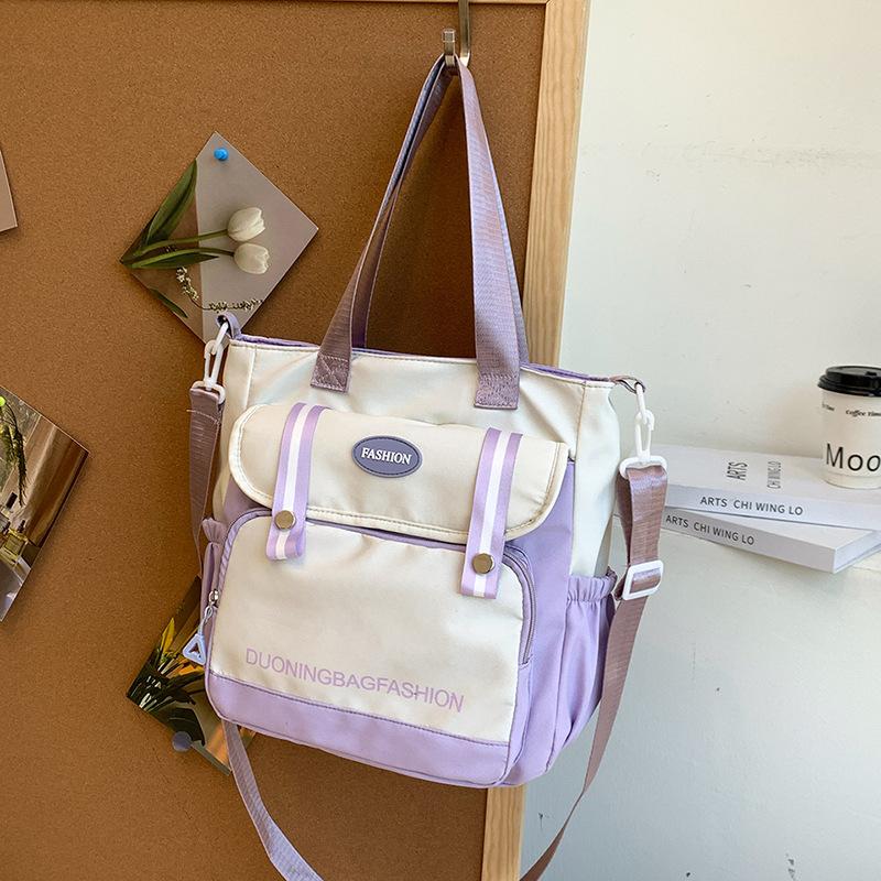 Contrast Color Student Tote Bag, Tutoring Bag, Canvas Messenger Bag, Junior High School Student Large-capacity Class Bag, Female