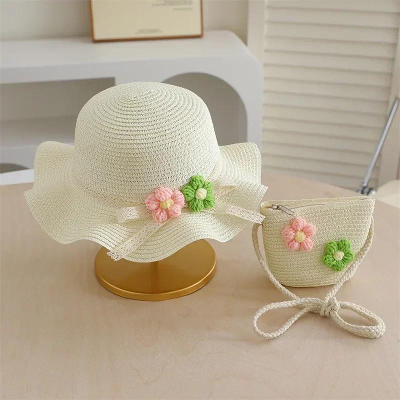 Summer Straw Hat and Bag Set for Girls 3D Flower Lace Bow Wide Brim Fisherman Cap and Crossbody Bag Cute Children's Sun Hat