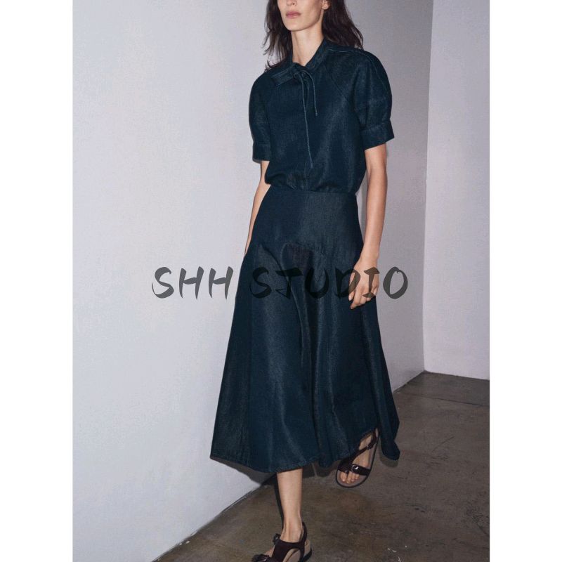 Autumn New Bowknot Decoration Demin shirt 5216249 Mid-Waist Denim A Word Midi Dress 9863240