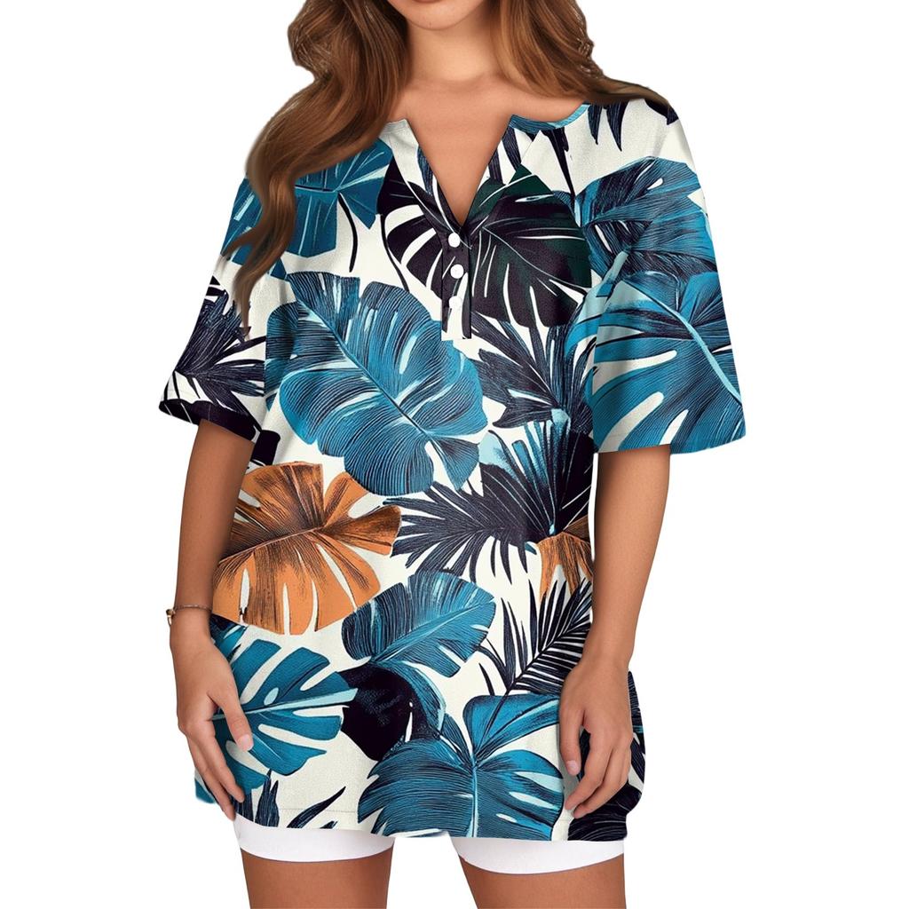 Women's T Shirt Print Button Short Sleeve Daily Weekend Fashion Basic V- Neck Regular Top