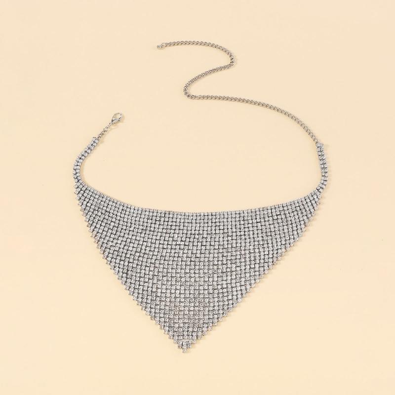 Retro Multi-row Flash Diamonds Bib Necklace Exaggerated Geometric Triangle Full Rhinestones Clavicle Chain for Female