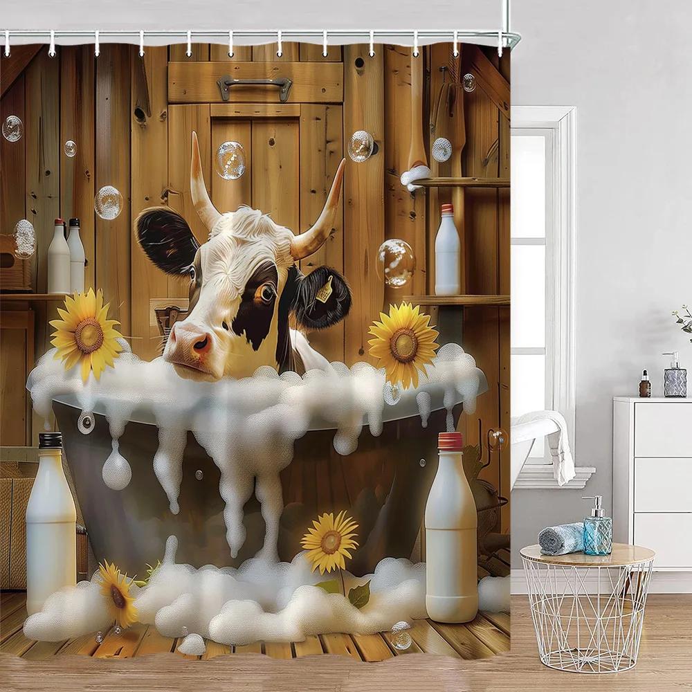 Lustige Badetiere Duschvorhänge Hochlandrinder Kuh Badewanne Druck Badezimmerdekorationen Cartoon Polyester Badvorhang