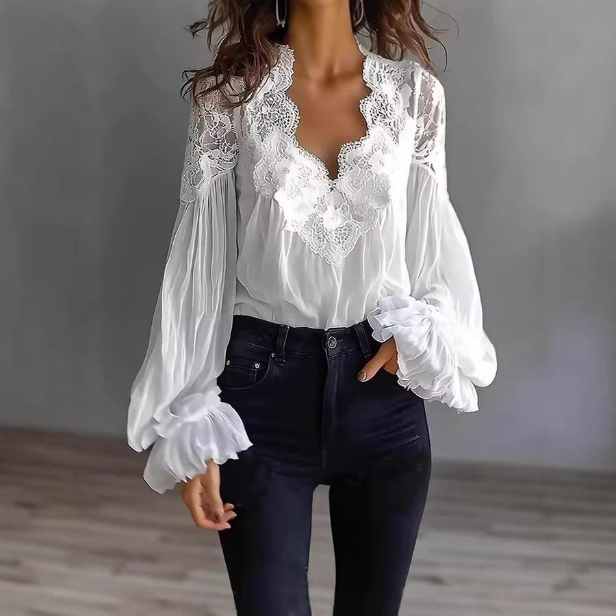 Women's Lace Patchwork Bubble Sleeve Ruffled Shirt