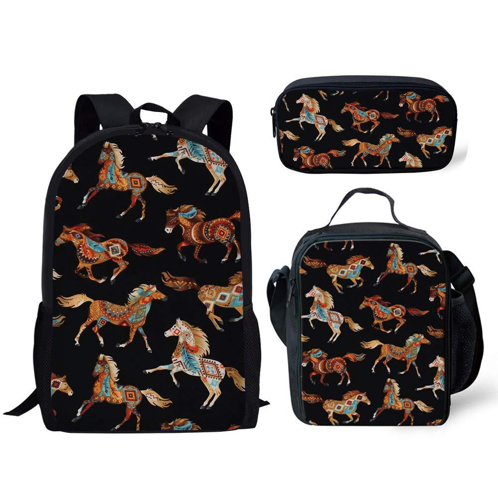 Luxury Novelty Cool Tribal Colored Horses 3D Print 3pcs/Set pupil School Bags Laptop Daypack Backpack Lunch bag Pencil Case