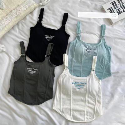 Drucken Brief Kurze Tank Tops Frauen Unregelmäßige Crop Top Y2k Sommer Schnalle Weste Boob Tube Top Stickerei Hosenträger Mit bh Pad