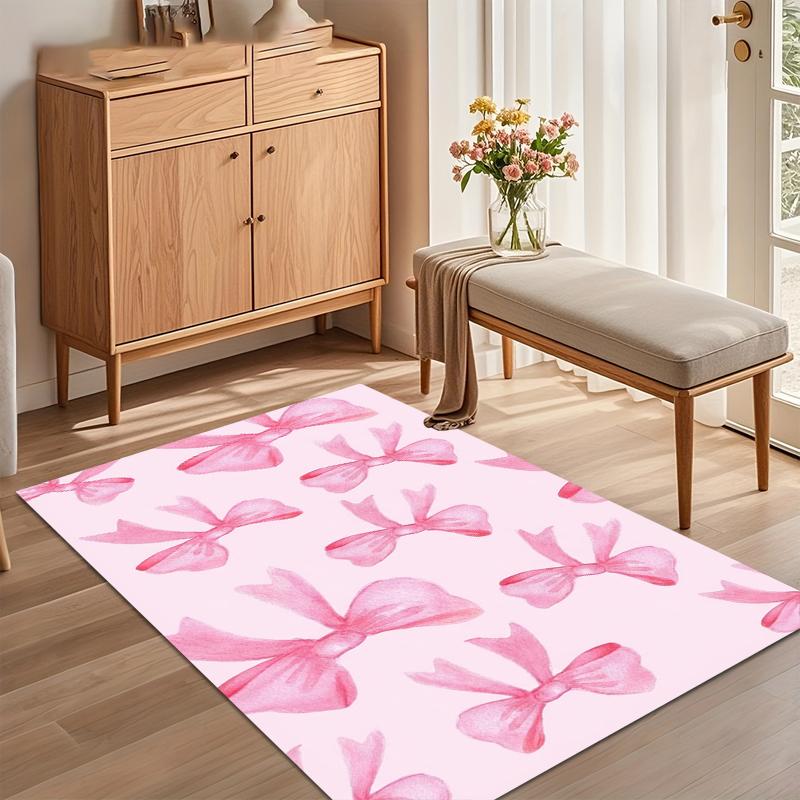 Pink Bow Area Rug for Living Room Bedroom Cute Coquette Aesthetic Feminine Home Decor Soft Non Slip Washable Floor Mat